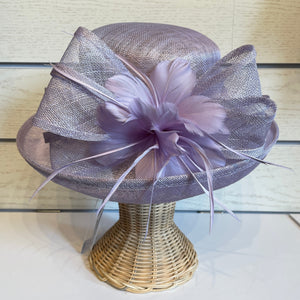 Wide Brim Sinamay Hat With Sinamay Bow & Feather Sweet Lavender 