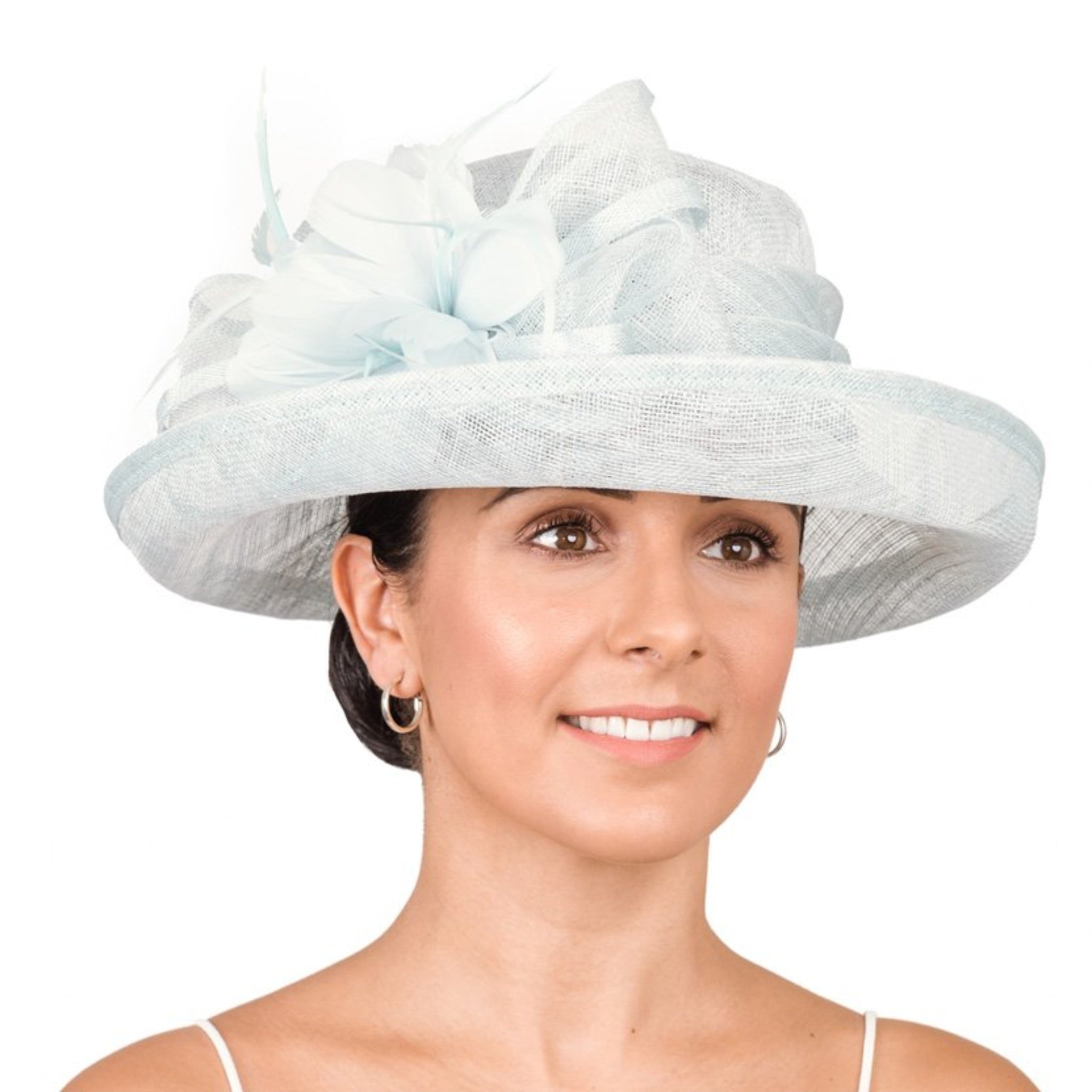 Wide Brim Sinamay Hat With Sinamay Bow & Feather Peppermint