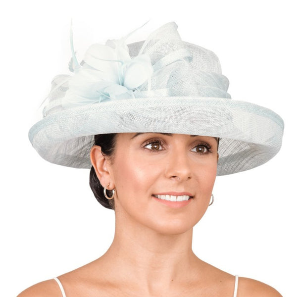 Wide Brim Sinamay Hat With Sinamay Bow & Feather Peppermint