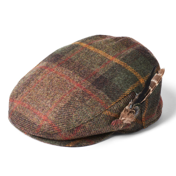 The Hat Shop Failsworth British Wool Tartan Feather Flat Cap Green