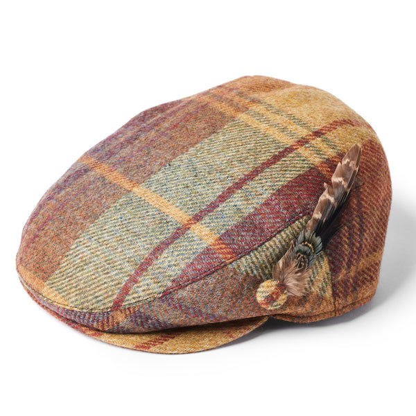 The Hat Shop Failsworth British Wool Tartan Feather Flat Cap Mustard