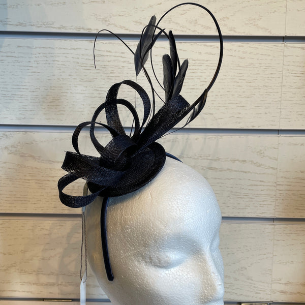 The Hat Shop Sinamay Disc with Double Looped Quill & Feathers Navy